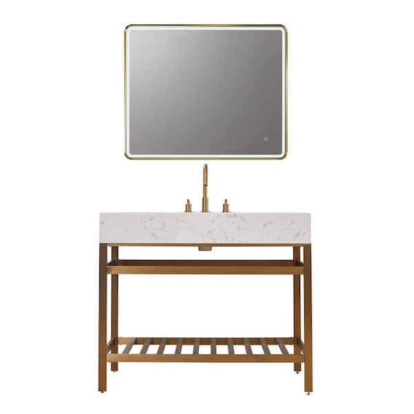 Altair Merano 42 in. W x 22 in. D x 35 in. H Single Sink Bath Vanity in Brushed Gold with White Composite Stone Top and Mirror