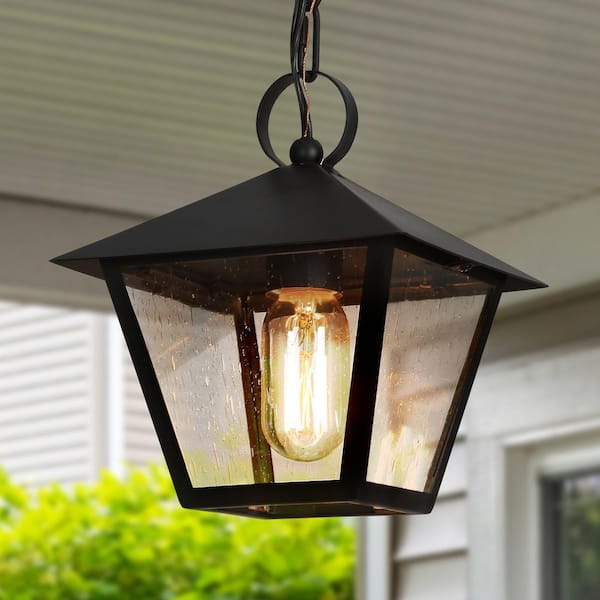 Uolfin Farmhouse Black Outdoor Pendant Light, Jared 8.5 in. 1-Light Modern Cage Outdoor Ceiling Light with Seeded Glass Shade