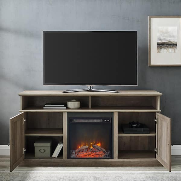 Grey wash tv store stand with fireplace