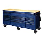 72 in. W x 24 in. D Heavy Duty 18-Drawer Mobile Workbench with Adjustable-Height Solid Wood Top in Matte Blue