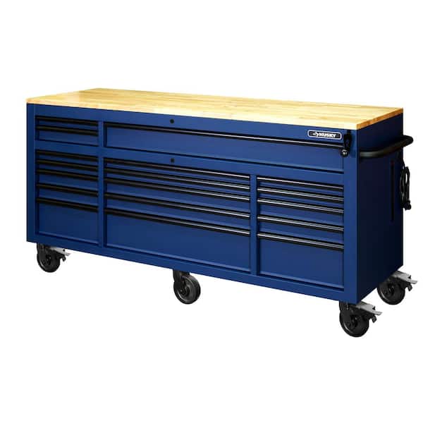 Husky Tool Storage 72 in. W Heavy Duty Matte Blue Mobile Workbench Cabinet Adjustable Height Solid Wood Top