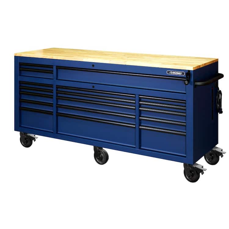 Husky 72 in. W x 24 in. D Heavy Duty 18-Drawer Adjustable Height Mobile Workbench with Solid Wood Top in Matte Blue