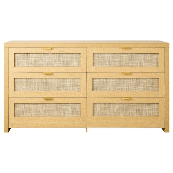 6-Drawer Rattan Dresser, Double Chest, Metal Handles, Modern Wood Clothing Storage for Bedroom Living Room Hallway