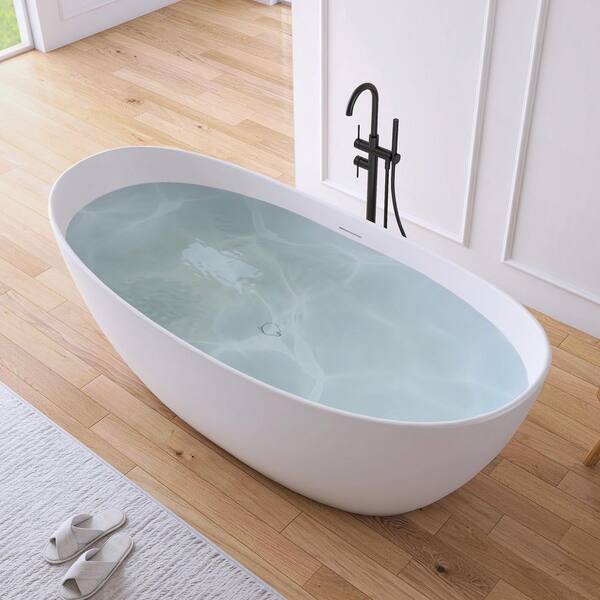 73 in. x 35 in. Stone Resin Solid Surface Flatbottom Freestanding Soaking Bathtub in White