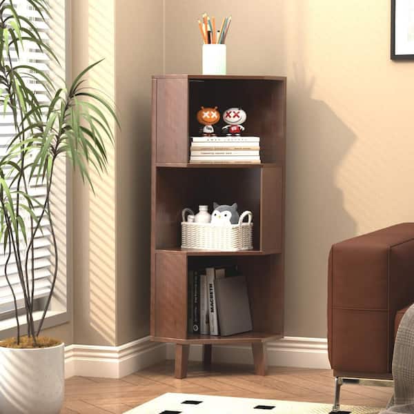 13.8 in. Wide Walnut 3-Tier Corner Kids Bookcase with Open Storage Shelves for Kids Room, Nursery, Playroom