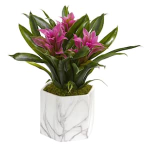 11 in. Indoor Artificial Bromeliad Plant in Marble Finished Vase