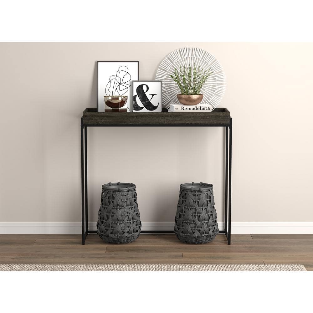 Dark Gray Wood and Metal Console Table with Storage, 35.5" Tall
