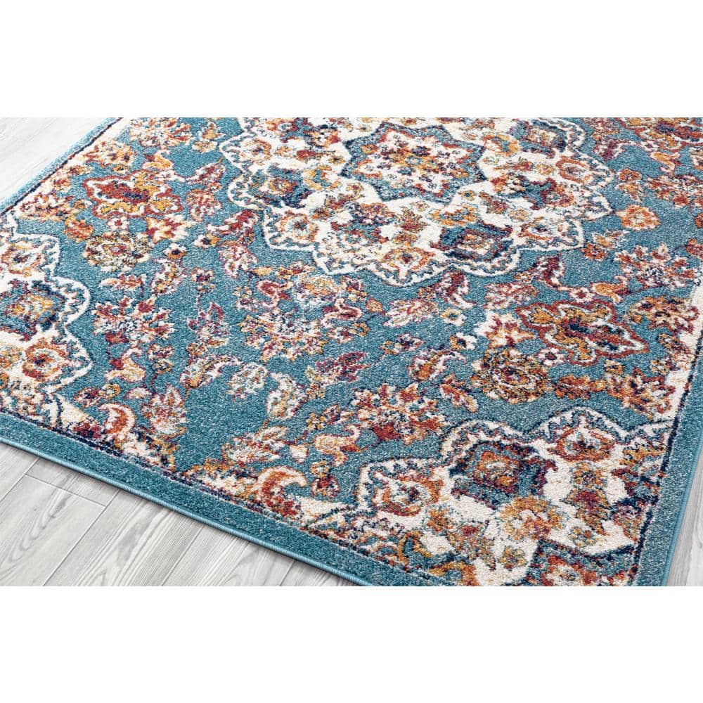 Blue Round Oriental Synthetic Easy Care Rug, 6'7"