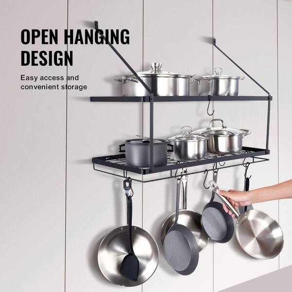 Numhew 30 in. Black Wall Mounted Pot Rack with 12 S Hooks, 2-Tier Pot ...