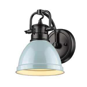 Duncan Collection Black 1-Light Bath Sconce Light with Seafoam Shade