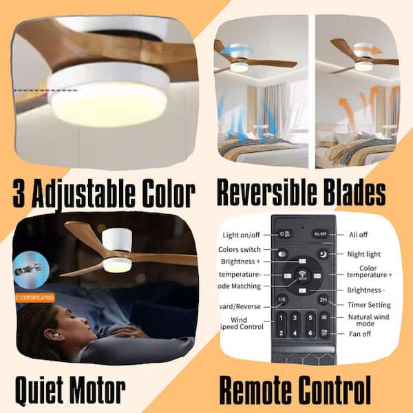 42 in. Indoor Modern Flush Mount Ceiling Fans with Lights, 6 Speed and Remote Control, Low Profile Wood in White