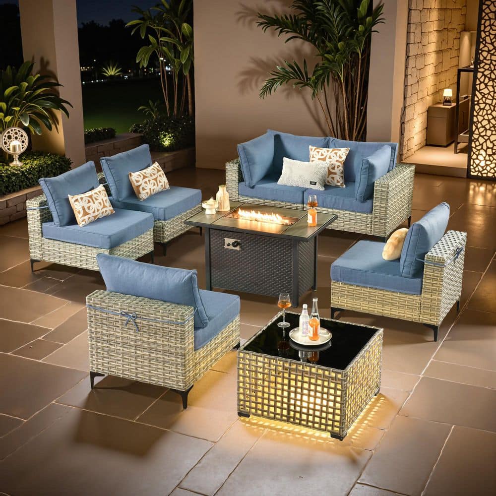 Coralia Gray 8-Piece Wicker Patio Conversation Sets With Fire Pit Table, Denim Blue Cushion and Lighted Coffee Table