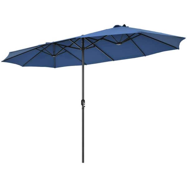 Clihome 15 ft. Patio Double-Sided Market Patio Umbrella in Navy with Hand-Crank System without Weighted Base