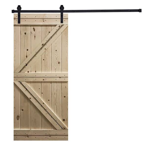 AIOPOP HOME Modern K-Bar Series 36 in. x 84 in. Mother Nature Unfinished Knotty Pine Wood DIY Sliding Barn Door with Hardware Kit