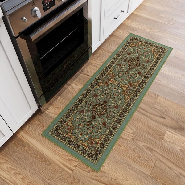 Ottohome Collection Non-Slip Rubberback Medallion 2x5 Indoor Runner Rug,1 ft. 8 in. x4 ft. 11 in.,Dark Seafoam Green