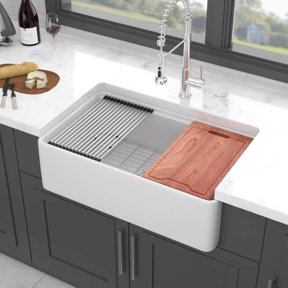 33x20 Inch Glossy White Ceramic Farmhouse Single Bowl Kitchen Sink