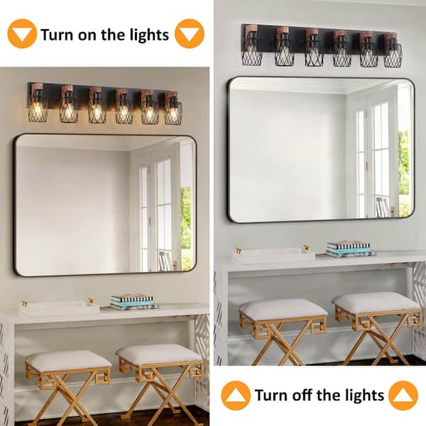 38 in. 6-Light Black Vanity Light with Wood Accents and Drum Metal Cage Shade