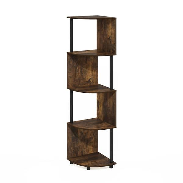 Furinno Econ 57.72 in. Tall Amber Pine/Black Wood 4-Shelf Zigzag Corner Bookcase