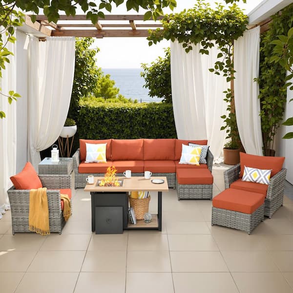 Toject Eufaula Gray 10-Piece Wicker Modern Outdoor Patio Conversation Sofa Set with a Storage Fire Pit and Orange Red Cushions