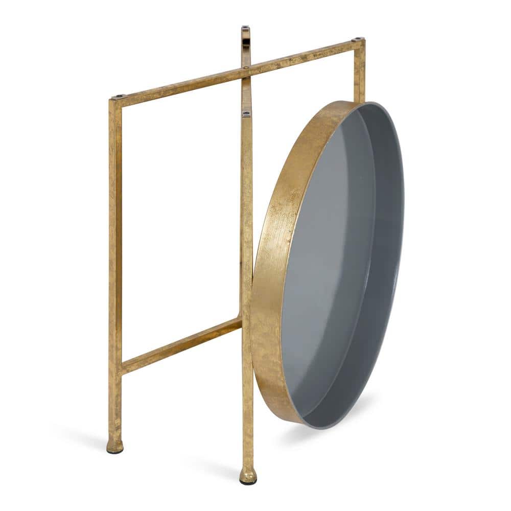 Gold and Gray Round Metal Mirrored End Table