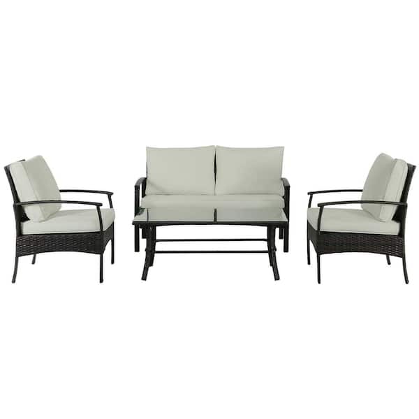 Unbranded Modern 4-Piece Wicker Wicker Patio Conversation Set with Beige Cushions