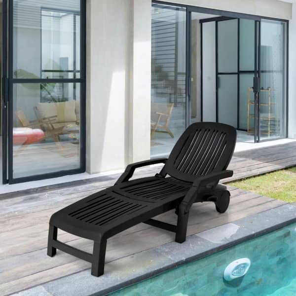 1-Piece Black Plastic Adjustable Patio Sun Outdoor Chaise Lounge Weather Resistant with Wheels
