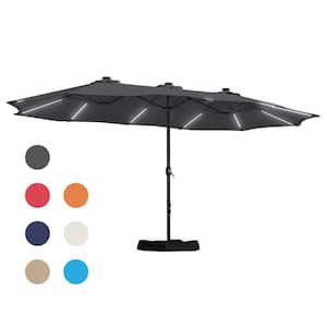 15 ft. Patio Market Umbrella Double-Sided Outdoor Patio Umbrella with Base and Solar LED Lights in Dark Gray