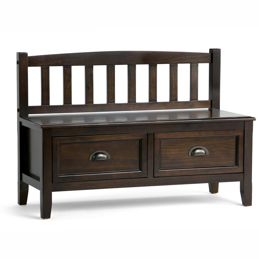 Mahogany Brown Solid Wood Entryway Storage Bench with Drawers