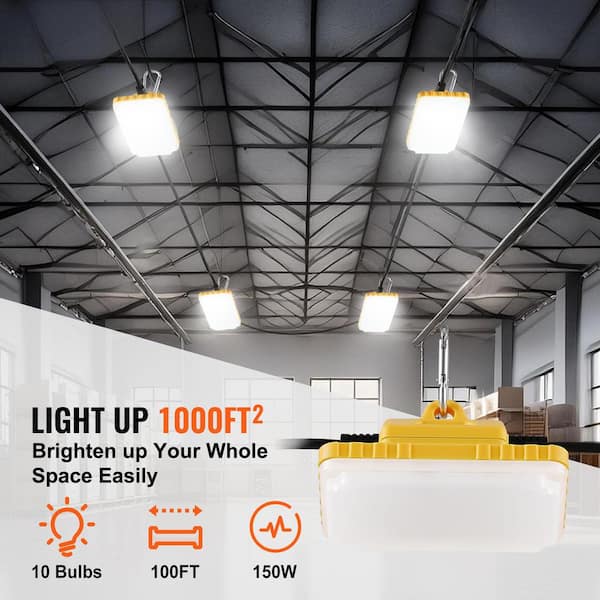 100 ft. Construction String Lights, 150 W 15000LM, 10PCs, 5000-5500K, IP65 Waterproof, Hanging Hooks, Construction Site
