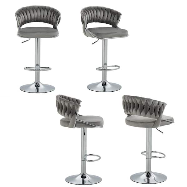 Uixe 43.15 in. Gray Low Back Silver Metal Frame Adjustable Swivel Bar Stool with Velvet Seat (Set of 4)