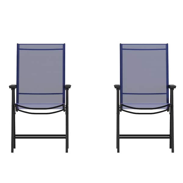 Black Metal Outdoor Lounge Chair in Blue (Set of 2)