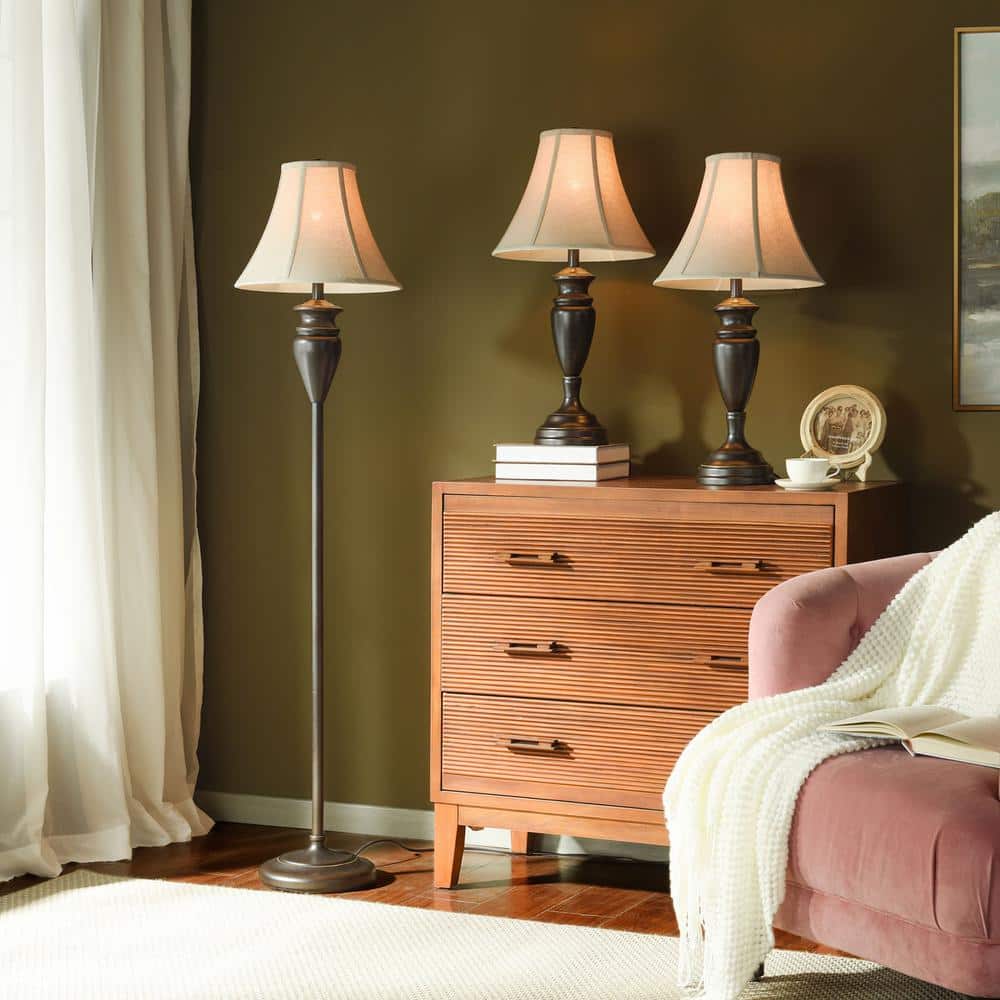 Dunbrook Dark Bronze Lamp Set with White Fabric Shades