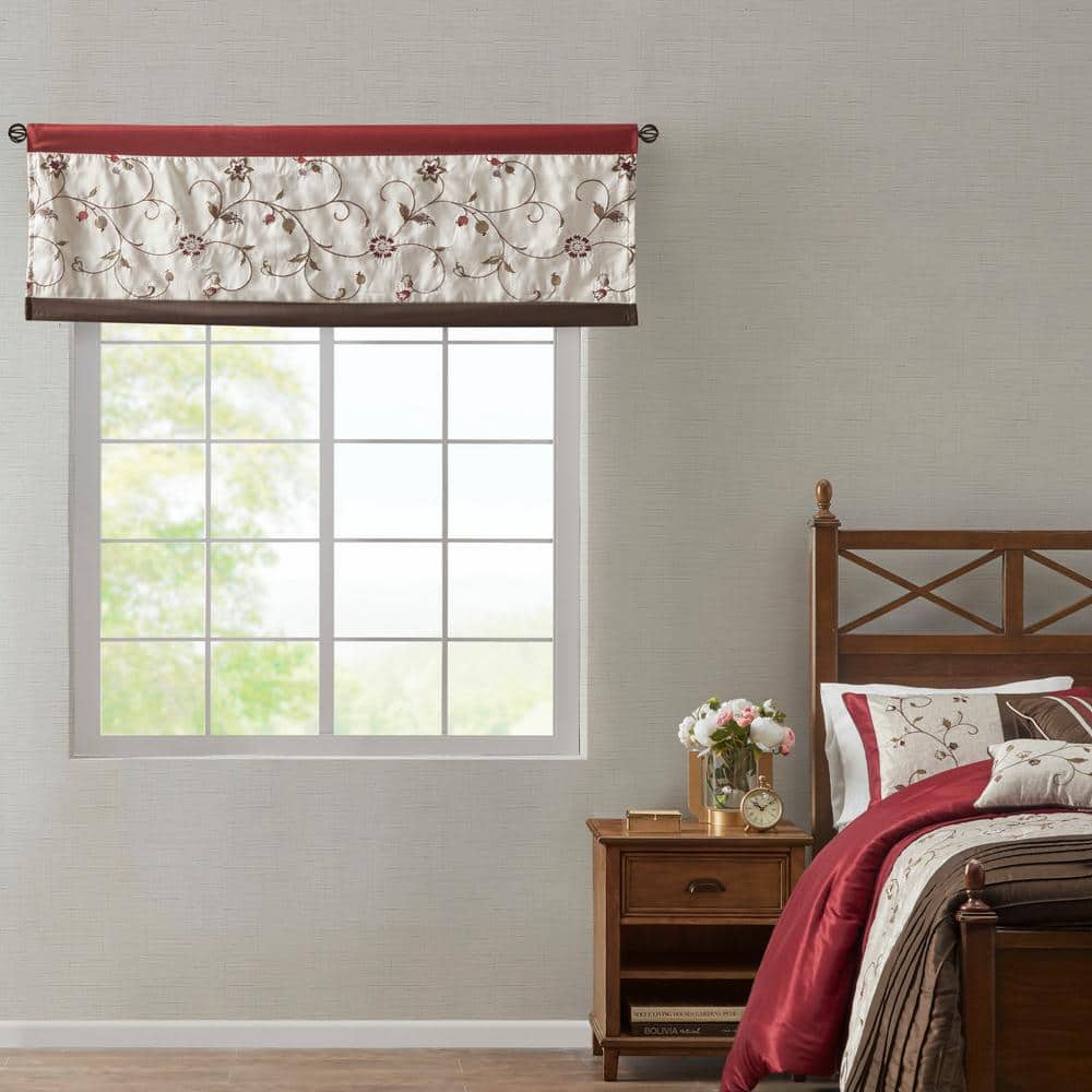 Red and Ivory Floral Embroidered Rod Pocket Valance