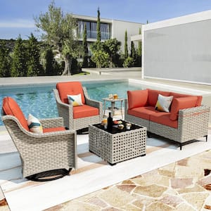 Thor 6-Piece Wicker Patio Conversation Seating Sofa Set with Orange Red Cushions and Swivel Rocking Chairs