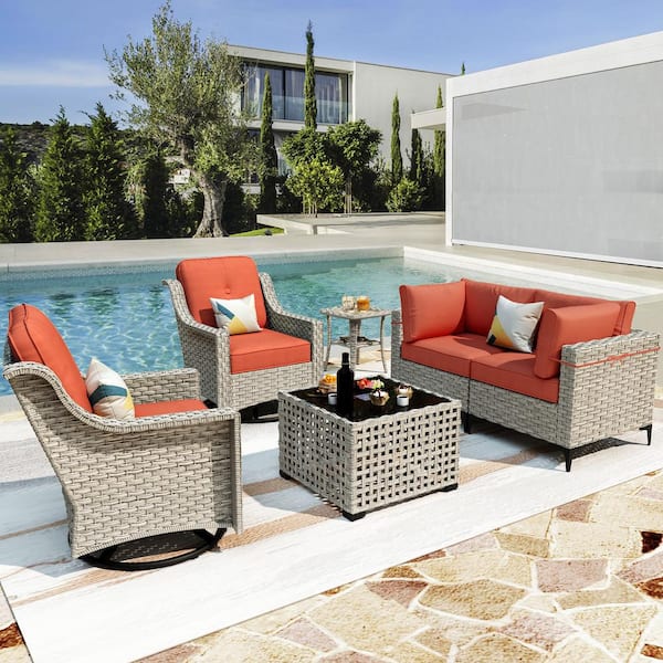 Thor 6-Piece Wicker Patio Conversation Seating Sofa Set with Orange Red Cushions and Swivel Rocking Chairs
