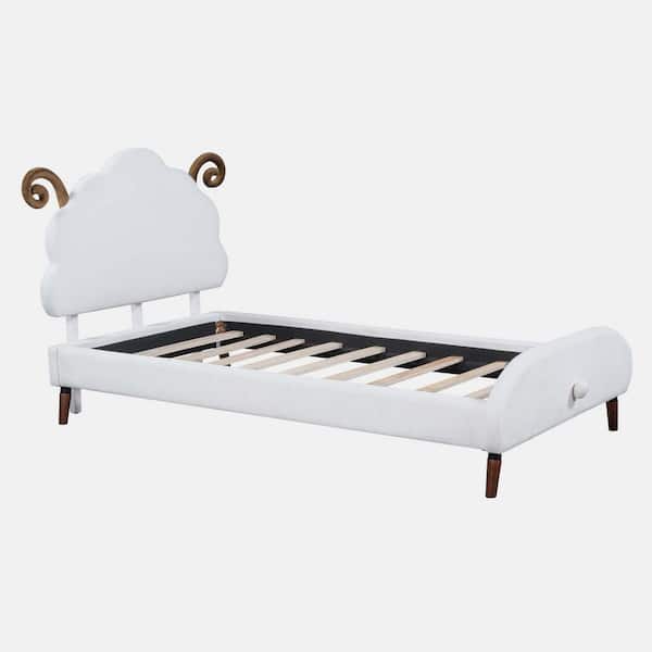 wetiny White Plywood Frame Twin Size Upholstered Platform Bed with Sheep-Shaped Headboard