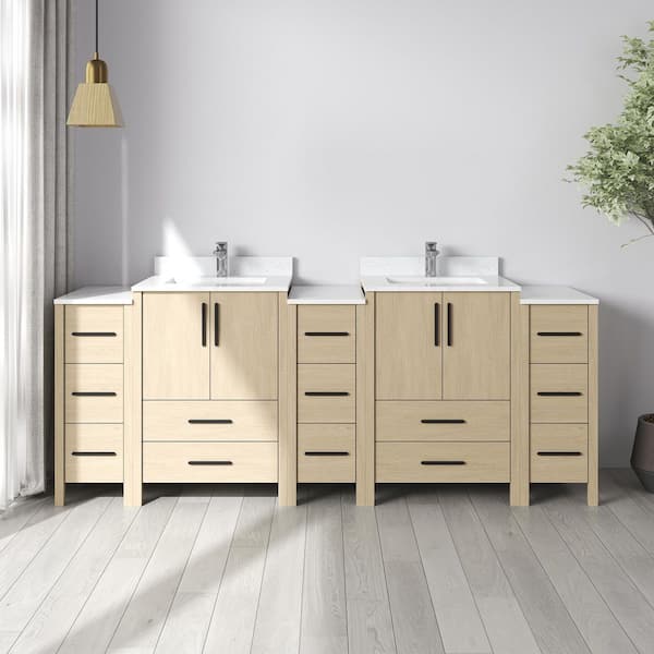 MEDUNJESS Nodus 84 in. W x 22 in. D x 34 in. H Double Sink Freestanding Bath Vanity in Oak with White Carrara Cultured Marble Top
