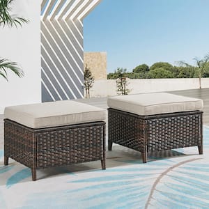 2-Pack Wicker Outdoor Ottoman Steel Frame Footstool with Removable Cushions Brown/Beige