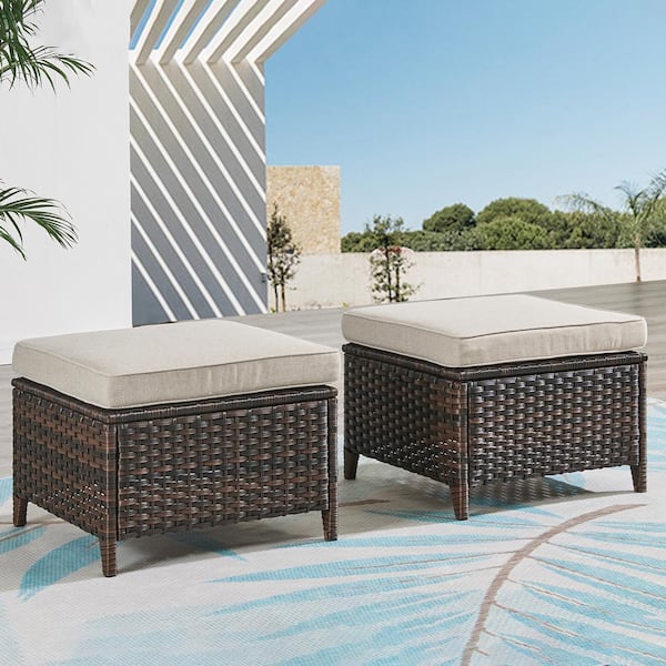 Pocassy 2-Pack Wicker Outdoor Ottoman Steel Frame Footstool with Removable Cushions Brown/Beige