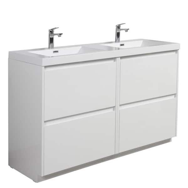 60 in. W x 20 in. D x 33 in. H Double Freestanding Vanity in Glossy White with Solid Surface Sink Top in White