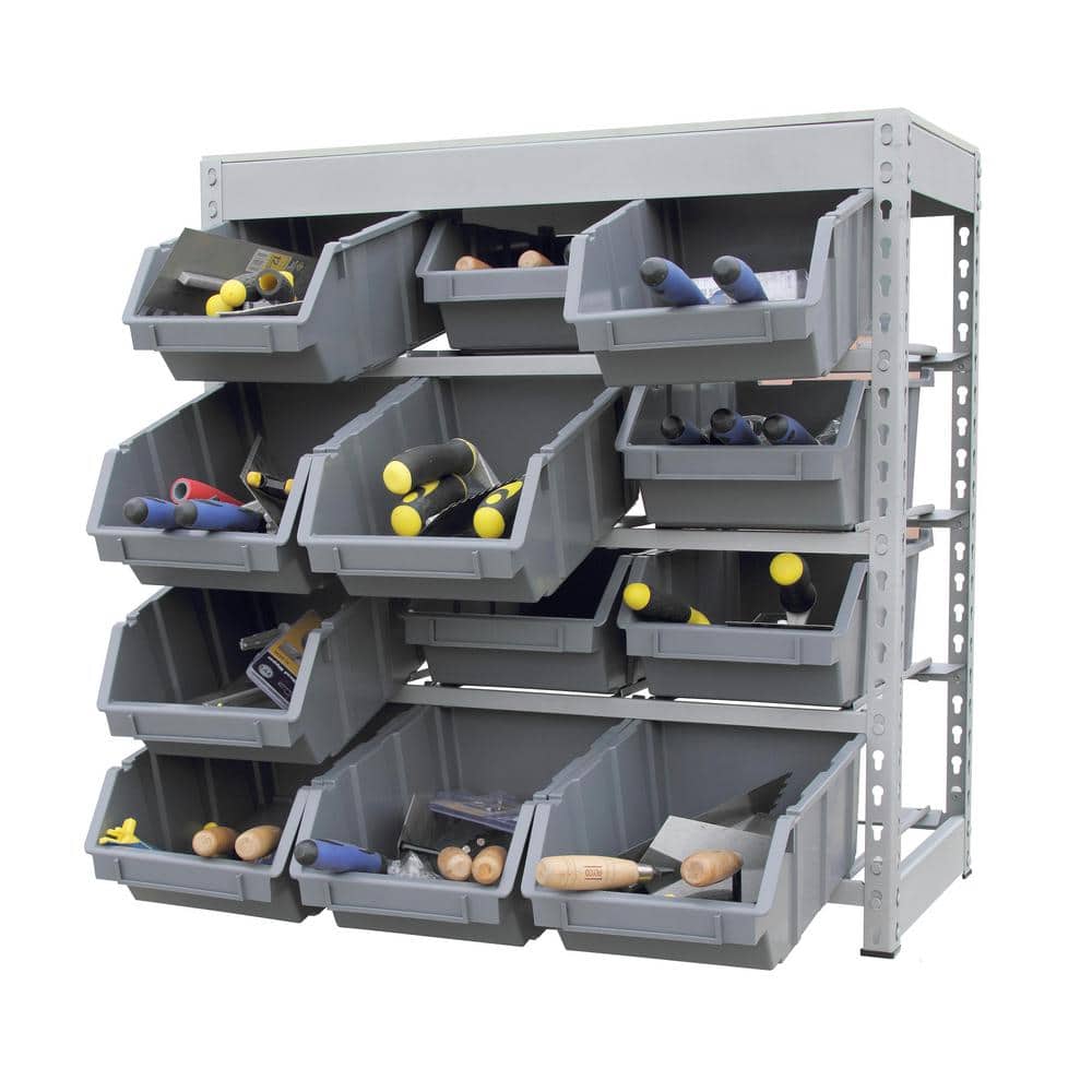 Gray 4-Tier Metal Organizer Shelving Rack with 12 Bins