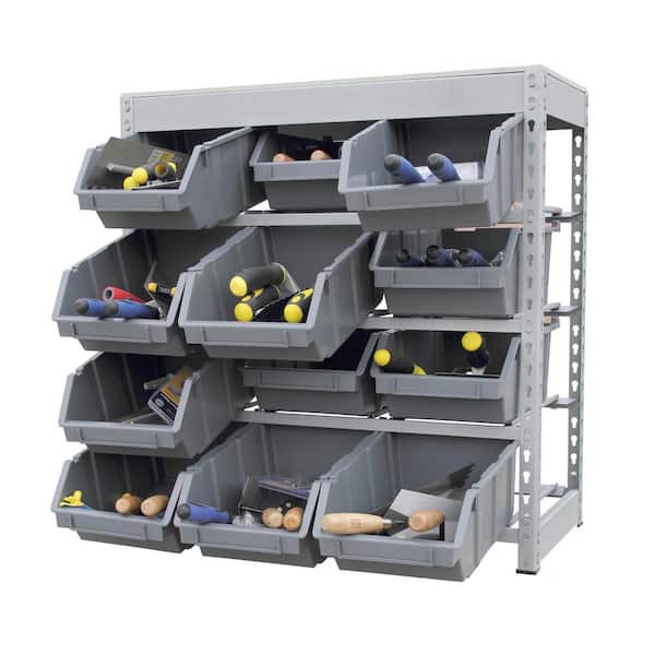 Gray 4-Tier Boltless Bin Storage Shelving System Garage Storage Rack (12 Plastic Bins in 4 Tier)