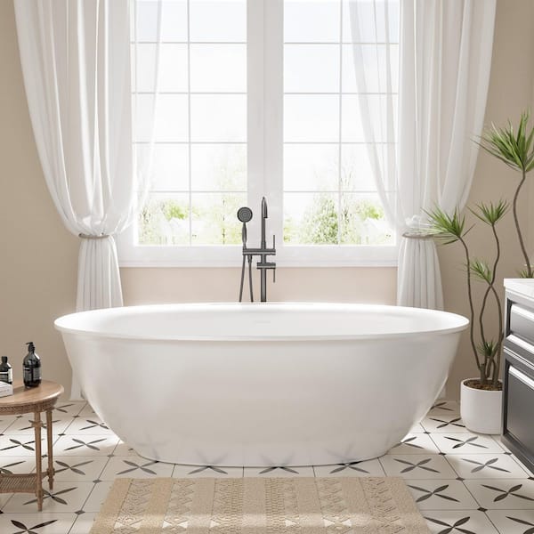 67 in. x 33 in. Solid Surface Stone Resin Freestanding Soaking Bathtub with Center Drain, Drainer, Hose in Matte White