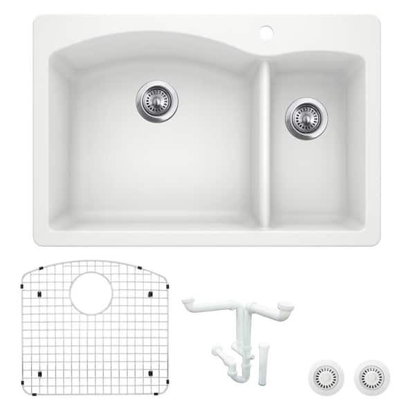 Blanco Diamond 33 in. Drop-in/Undermount Double Bowl White Granite Composite Kitchen Sink Kit with Accessories