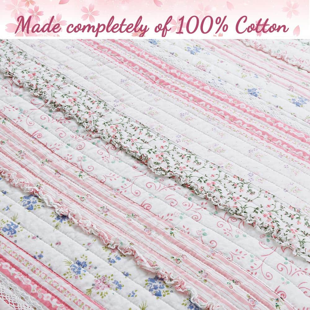King Size Pink and White Cotton Reversible Quilt Set