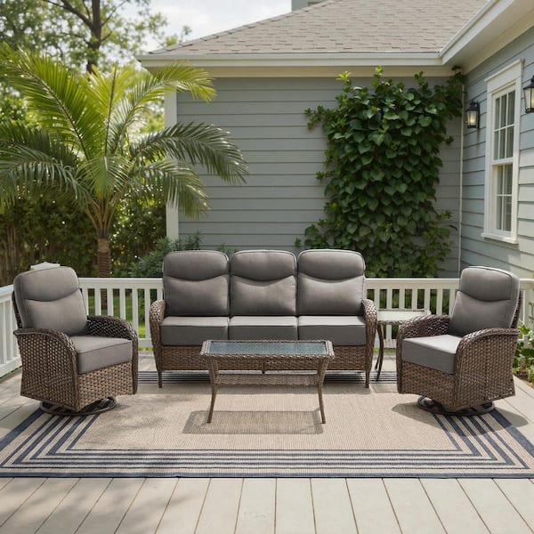 Luna 5-Piece Brown Wicker Patio Conversation Set with Swivel Gliders and 6 in. Olefin Gray Cushions