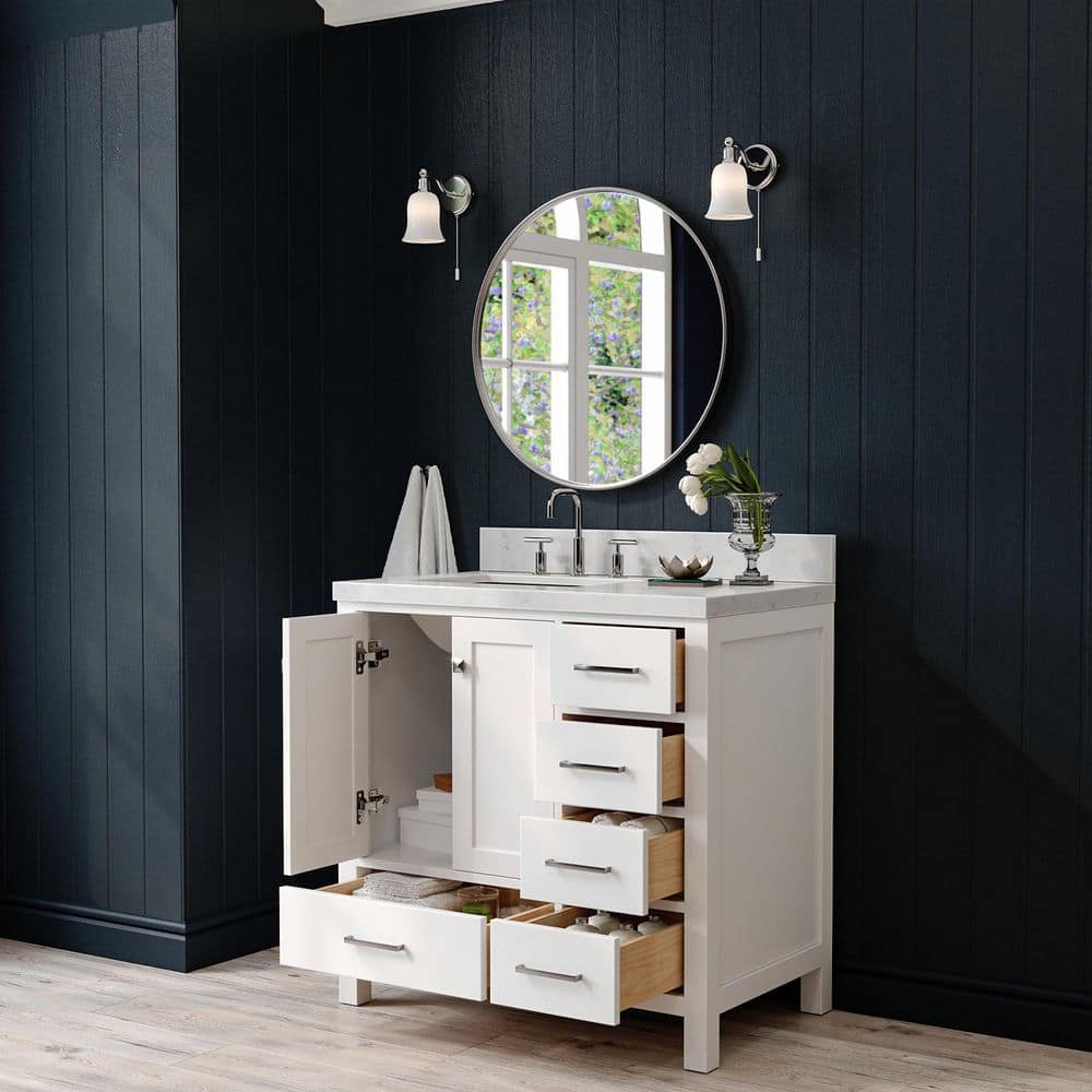 Cambridge 36" White Hardwood Freestanding Vanity with Quartz Top
