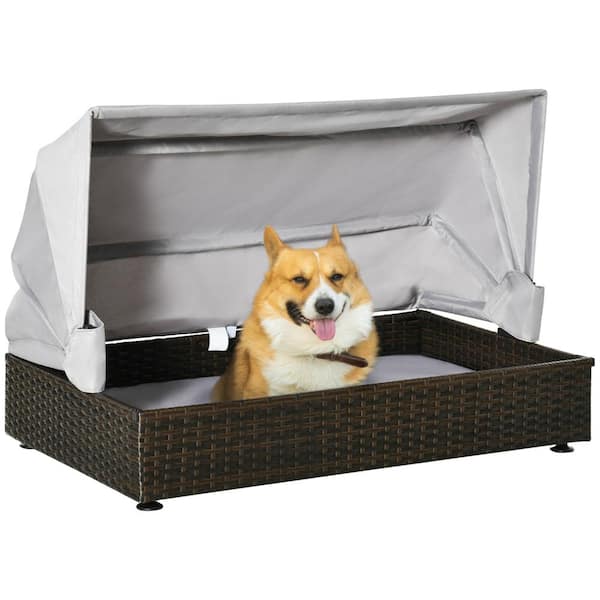Tatayosi Coffee Rattan Dog Bed, Elevated Pet Sofa, Wicker Cat House with with Foldable Canopy for Indoor Outdoor, Medium