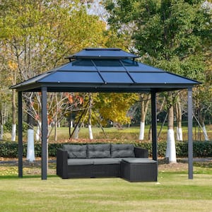 10 ft. x 12 ft. Black Polycarbonate Hardtop Patio Gazebo with Double-Tie Roof and Sidewall Nettings