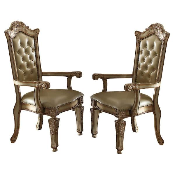 Benjara Gold Leather Arm Chair with Button Tufted Details (Set of 2)